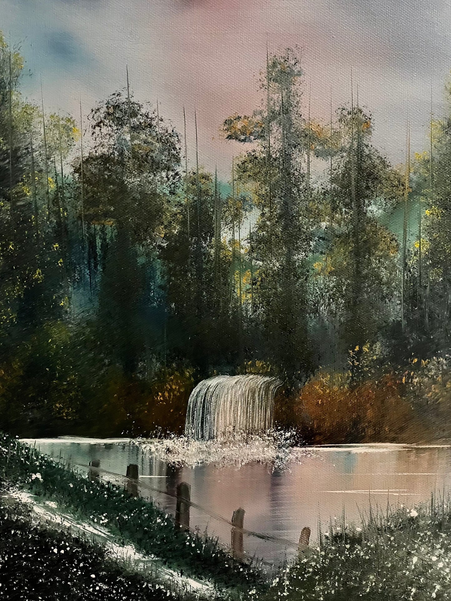 Summer Falls original landscape oil painting, 8" x 12", nature scenery.