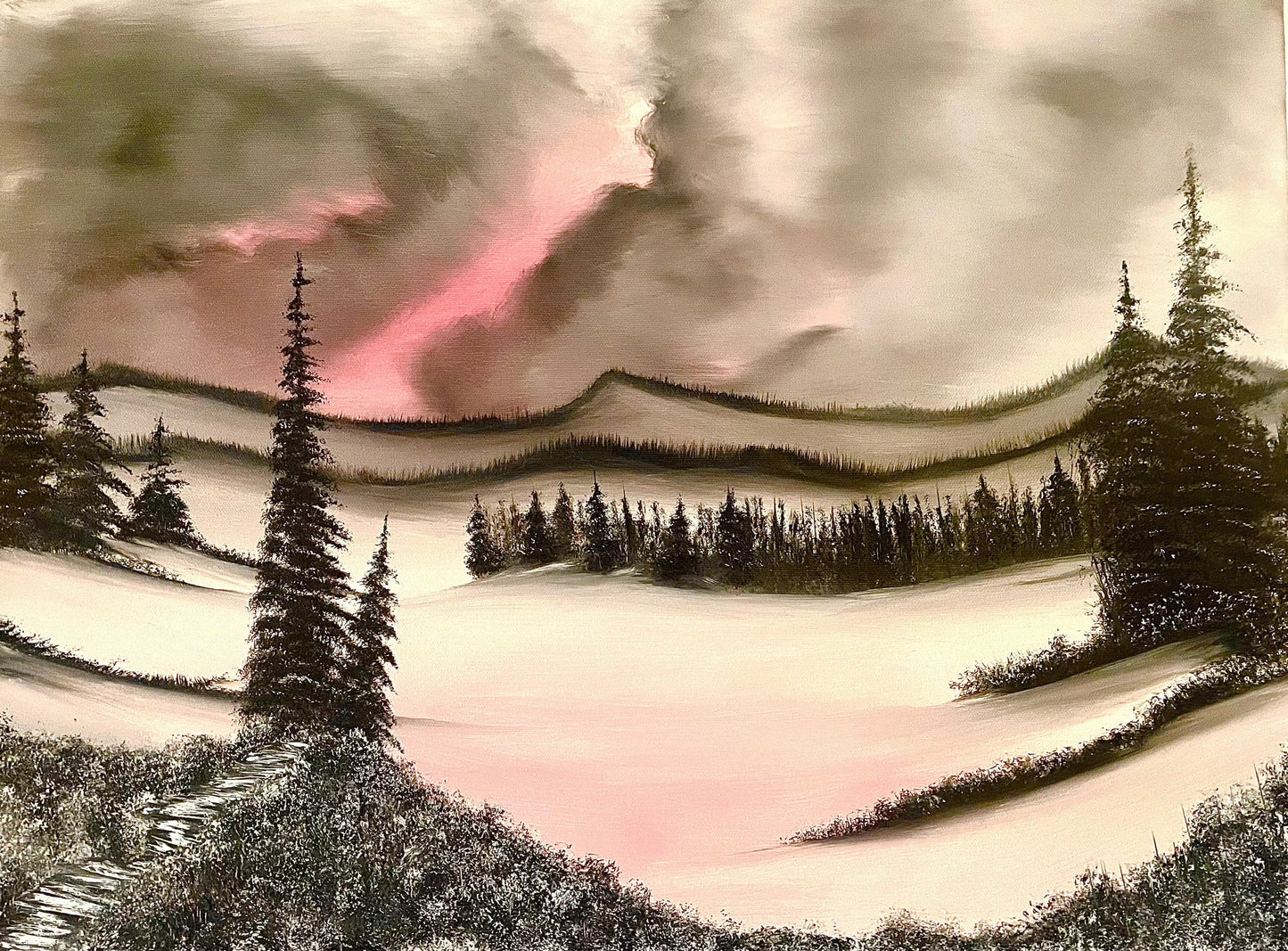 Winter's Day landscape oil painting on canvas, depicting a serene snowy scene with evergreen trees and a pink-tinged sky.