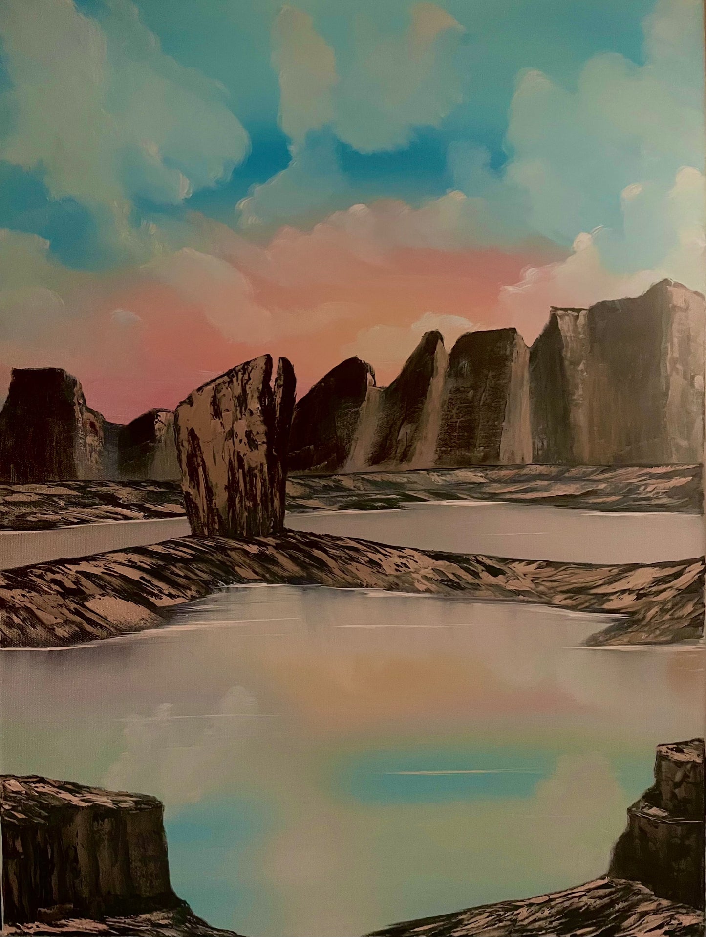 18" x 24" oil painting of The Rock of Horeb, hand-painted and signed.