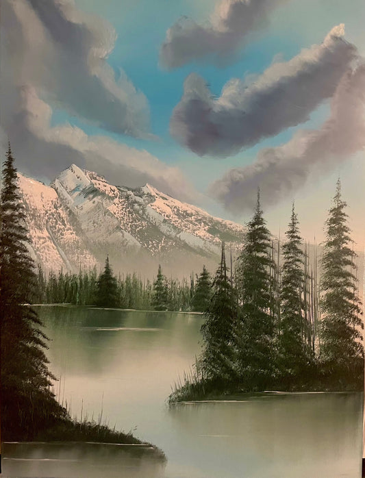 Misty Mountain Lake oil painting, landscape art on canvas.