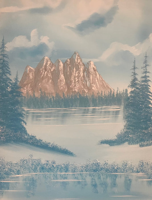 Evergreen Lake 18" x 24" hand-painted oil painting canvas featuring a tranquil mountain and lake scene.